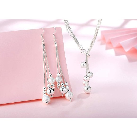 NEW Sterling Silver Beaded Tassel Y Shape Necklace and Dangle Earrings B… - Picture 1 of 7